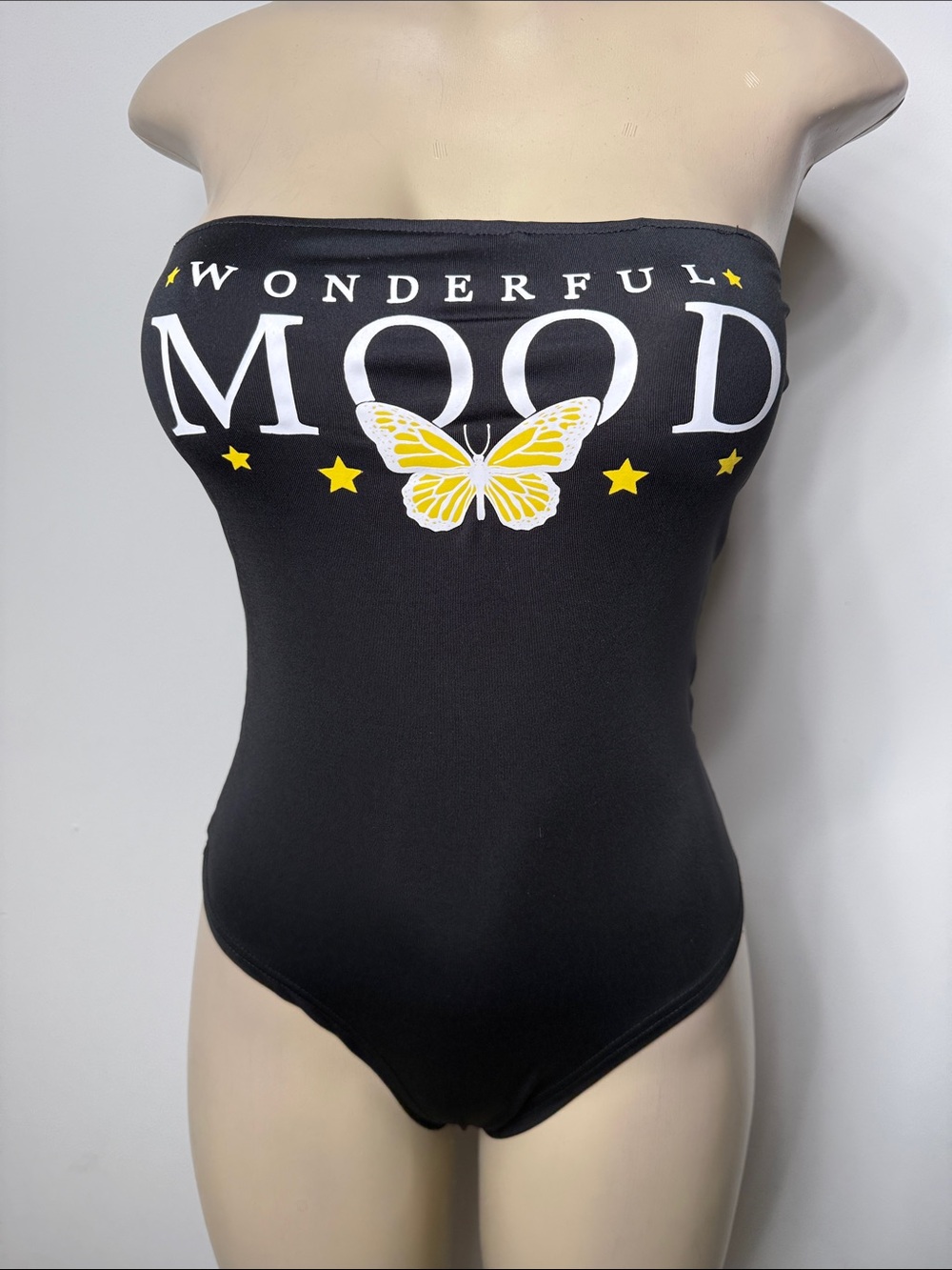 SHEIN Black Strapless Bodysuit with Yellow Butterfly Print